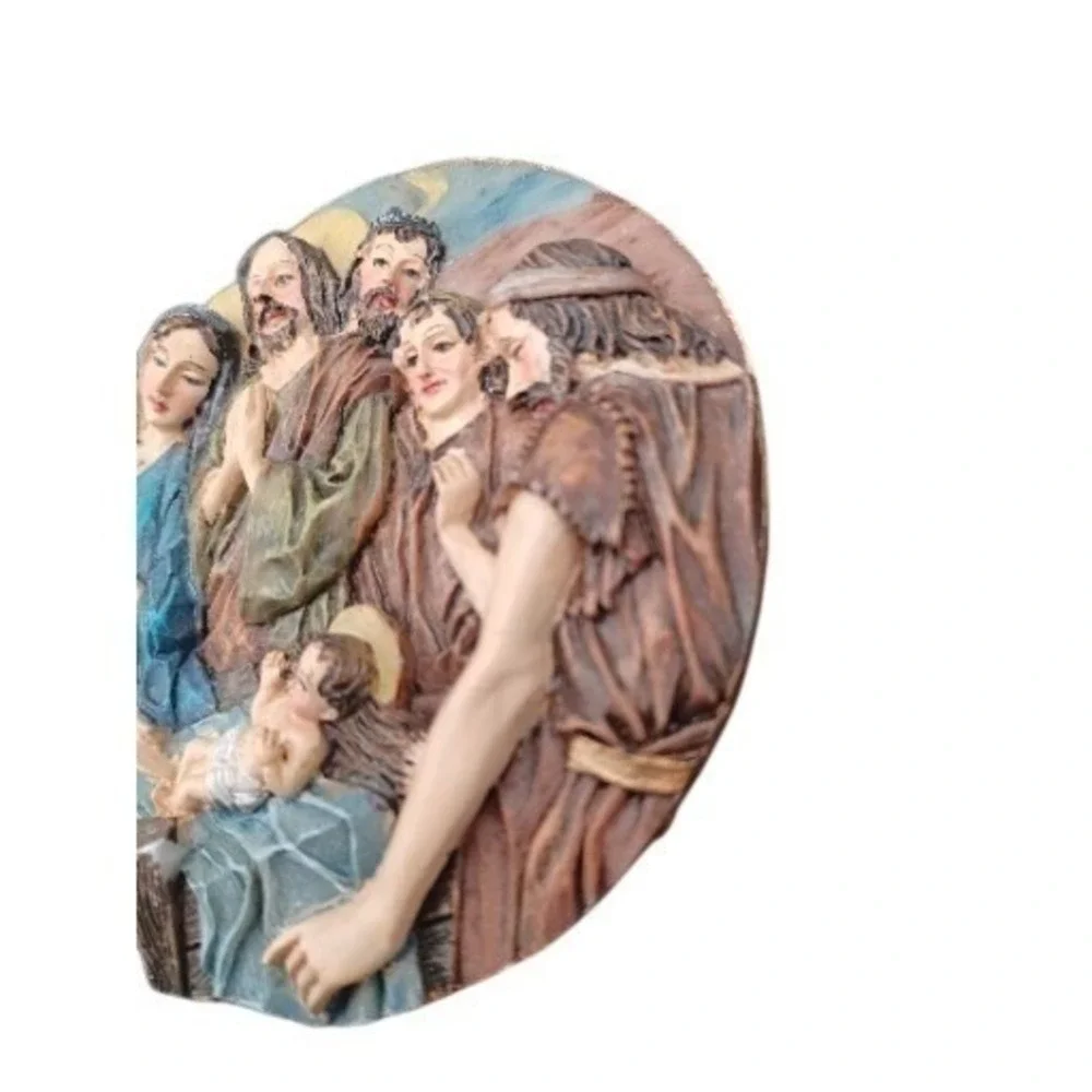 Vintage Nativity Scene Circular 3D Relief Plaque Holy Family‎ Shepherds